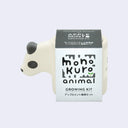 Small off white planters with a semi flat panda head coming out of one side. It is wrapped in product packaging, which shows what plant seeds are included. (Apple mint)