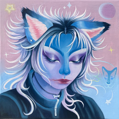 Portrait painting of a blue and purple girl, with fluffy pointed dog ears and spiky hair. She wears a bone pennant necklace and has closed eyes, looking down solemnly.