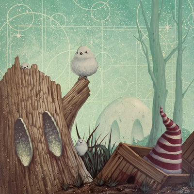 Painting of a tree trunk, with large eye holes that reflect light coming from inside. White birds sit around and inside of it. To the side, half buried in the dirt is a wooden crate with a conical cloth striped hat. Background is light mint colored, with some trees and a rock with eyes.