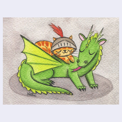 Ink and watercolor painting of a green dragon, curled into itself and smiling with its tongue out. A orange cat rests atop its back and wears a silver helmet. 