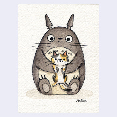 Painting of a stylized cute Totoro, sitting on the ground and holding up a calico cat in its arms.
