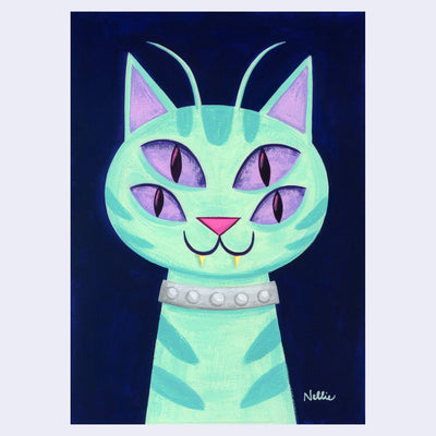Painting of a cartoon style green tabby cat, with 4 purple eyes and a fanged smile. Around its neck is a silver dotted collar and it has 2 antennae. Background is a solid dark bluish purple.