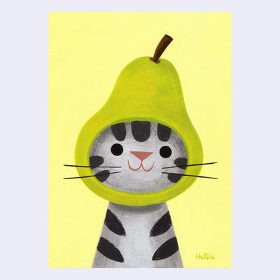 Painting of a grey tabby cat with a simple, smiling cartoon expression, seen only from the mid body up. It wears a pear shaped hat over its head like a hood. Background is solid pastel yellow.