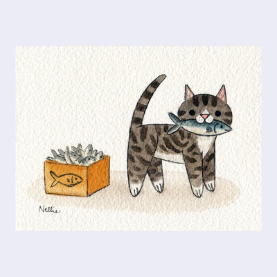 Small painting of a gray tabby cat holding a fish in its mouth, next to a box of fish.