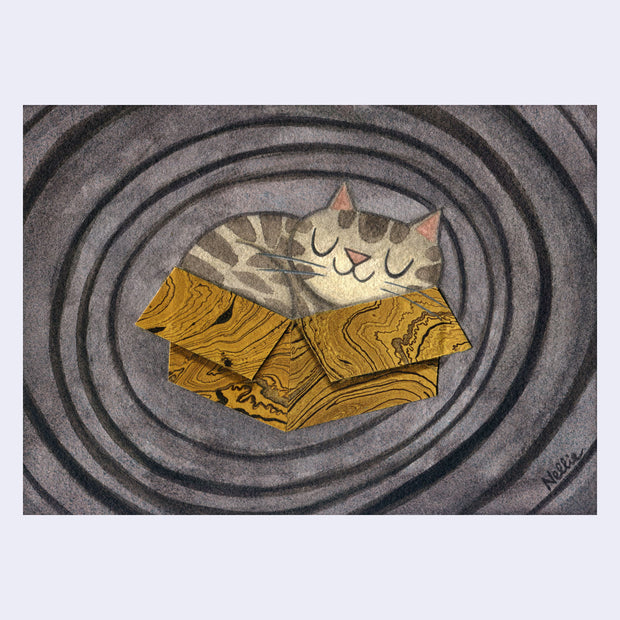 Watercolor illustration of a gray tabby cat sitting in a box, assembled from brown marbled paper. Background is a gray spiral, as if emulating a warp into a dream.
