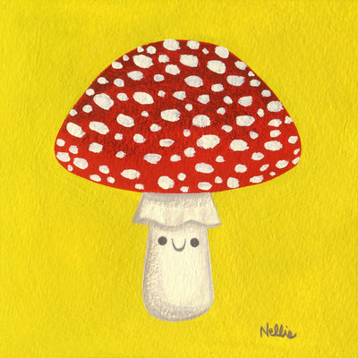 Painting done on solid yellow background of a cartoon style toadstool mushroom, rendered with a small smiley face. 