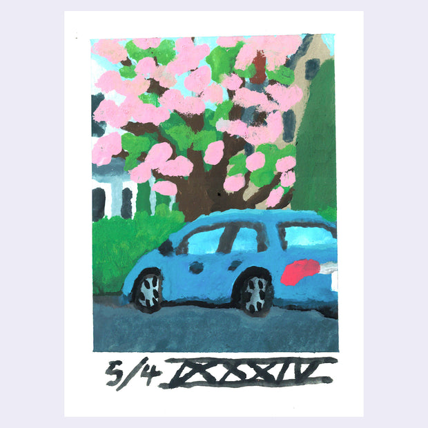 Plein air painting of a blue car parked on a street against a pink cherry blossom tree.