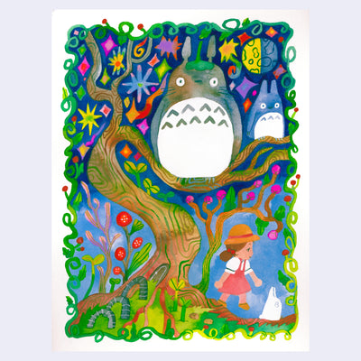 Colorful painting of a stylized Totoro sitting on a branch of a curved tree, with many colorful shapes decorating the sky behind. A small girl walks at the base of the tree, with a small white chibi Totoro.