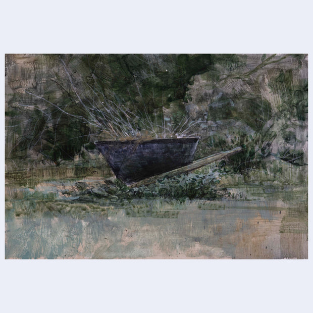 Plein air painting of a a wheelbarrow, seemingly abandoned in an overgrown landscape. Wispy branches spout from the wheelbarrow.