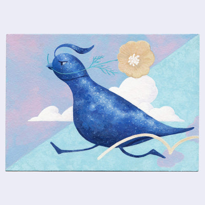 Painting of a blue night sky patterned quail, running. It holds a poppy in its mouth. Background is a collage style blue and purple with clouds.