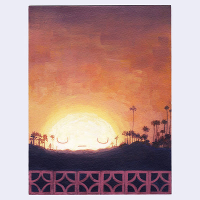 Painting of a purple and orange sunset landscape, making silhouettes out of a line of palm trees. The bright sun has a simple closed eye face. A wall of breeze blocks lines the bottom of the piece.