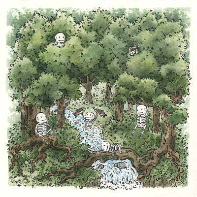 Watercolor painting of a lush forest setting, seen from a slightly zoomed out view. Many small, cute cartoon skeletons decorate the scene, playing on the trees. One skeleton stands in a rushing river and holds up 2 fish triumphantly. 