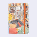 Notebook with illustration of a person reading in a bookstore on a light purple background
