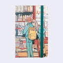 Notebook with a design of a person with a backpack standing next to a girl, both reading the same copy of a magazine from an outdoor newsstand.