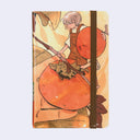 Notebook with an illustration of a girl climbing a persimmon tree on a light blue background