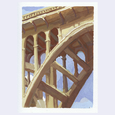 Plein air painting of the underside of a arched bridge with many stylistic columns.