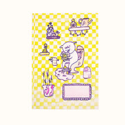 Print of a cute cartoon dog sitting on a toilet in a bathroom with various bathroom decor on yellow checkered background.