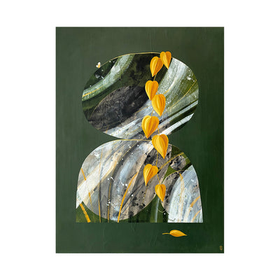 Collage style painting on solid dark green background of 2 rocks stacked atop of one another. Rocks contain a very bold abstract grey and green marble patterning. In front of the rocks is a vine of yellow Pothos leaves.