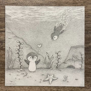 Graphite drawing of a small penguin standing underwater, with a heart bubble coming up from it. Another penguin swims down towards the other.