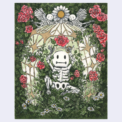 Illustration of a cartoon skeleton, sitting amongst many leaves and flowers, pruning a rose overhead with small scissors. It is in a greenhouse like space, with 2 cartoon skeleton angels flying overhead.
