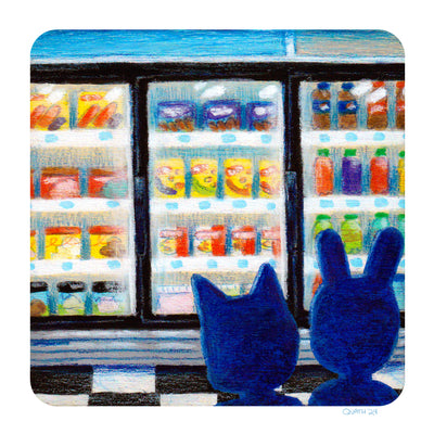 Colored pencil drawing of the back of a cat and a rabbit's head, as they look at an illuminated freezer aisle with lots of sodas and snacks.