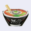 Small ceramic planter, shaped and designed to look like a ramen bowl with small wooden chopsticks poking out. Packaging encases the bowl, which has plant growing seeds and medium inside.