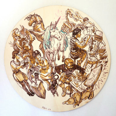 Brown ink illustration on exposed wooden panel of several artisans working, such as painters, digital artists, sculptors, etc.  A unicorn with a blue mane stands in the center.