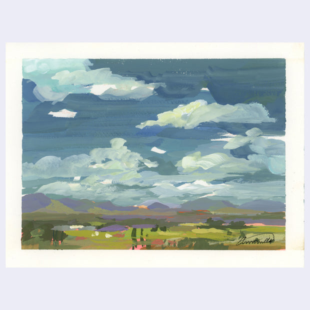 Plein air painting of a cloudy blue sky over an expansive green valley.
