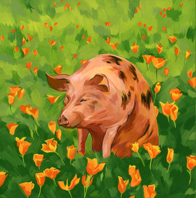Highly saturated painting of a semi realistic pink pig with brown spots, sitting in a field of orange poppies and green grass.