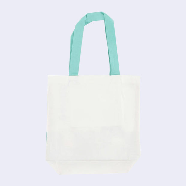 Back view of cream colored tote bag with teal blue strap.