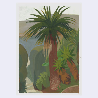 Plein air painting of a large, thick trunked palm tree in front of smaller palm trees and shaped hedges.