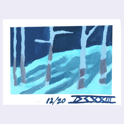 Plein air painting of a night scene of barren trees during snow. Piece is all blue monotone.