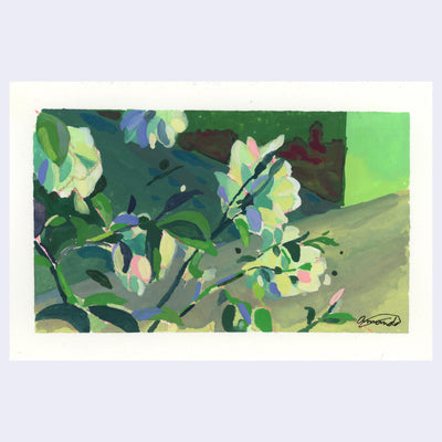 Plein air painting of of a white flower bush, lit mostly with green lighting.
