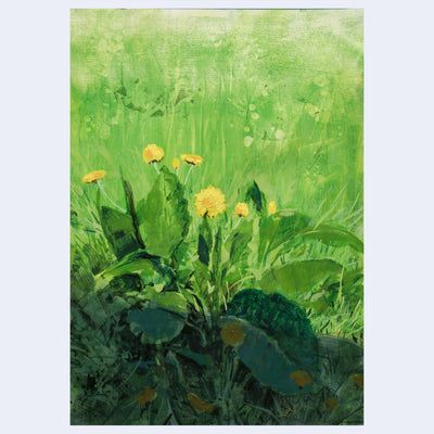 Plein air painting of a grassy landscape with yellow dandelion flowers sprouting. 