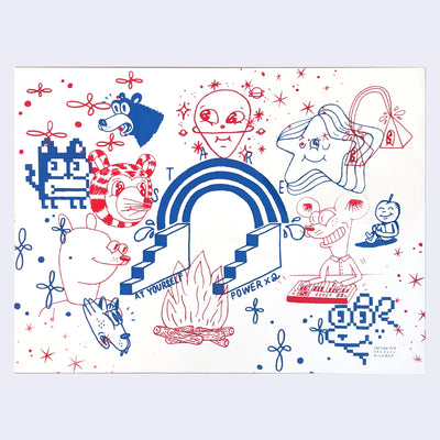 Screenprint in blue and red ink of many different drawings compiled together like a collage. Drawings range in subject matter: stairs, pixel animals, cartoon animals and fruits, various sparkles.