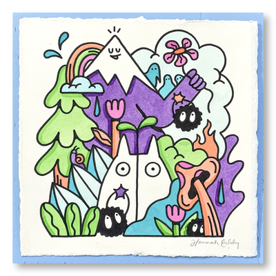 Illustration of a cartoon purple mountain with arms and legs, holding a pink flower. Its surrounded by nature items: trees, rainbow, mushrooms and plants. A white chibi Totoro is in the center and dust sprites around the scene.