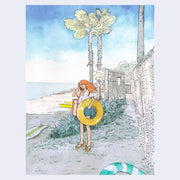 Ink and watercolor illustration of a orange haired girl standing on the entrance to a beach, holding a yellow inflatable tube. Some palm trees line the background and the sky is clear.