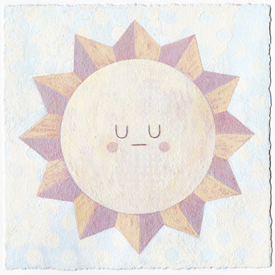 Painting of a cream colored sun with triangle rays coming out of it. Sun has a simple closed eye expression.