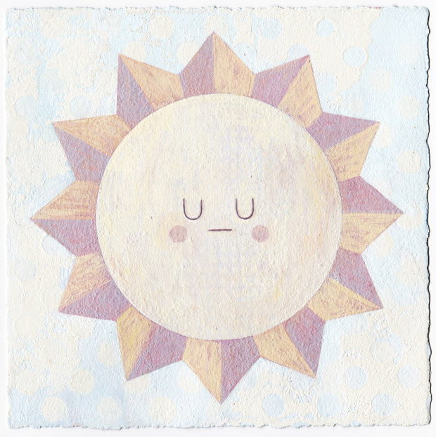 Painting of a cream colored sun with triangle rays coming out of it. Sun has a simple closed eye expression.