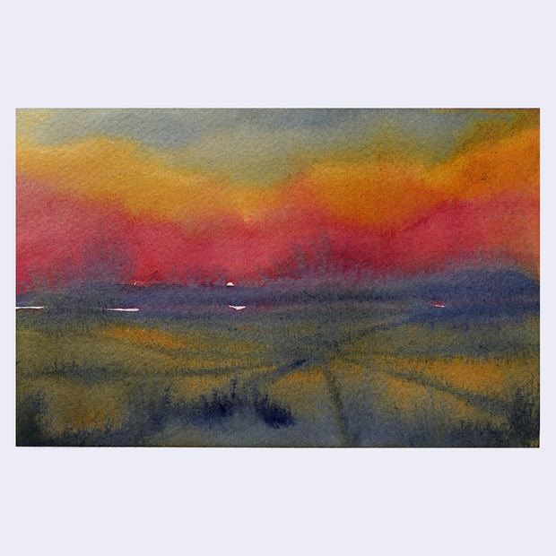 Highly saturated watercolor painting of a flat expansive field with a bright yellow and orange sunrise over it.
