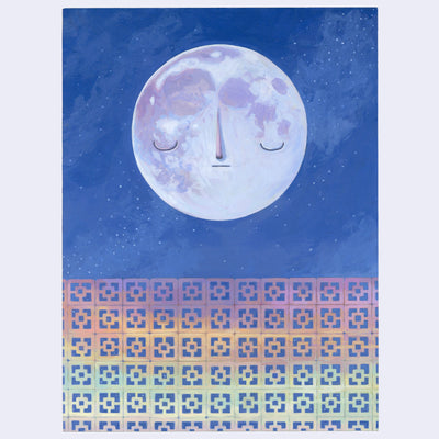Painting of a large purple moon against a blue night sky. Below, is a sunset colored wall of breeze blocks.