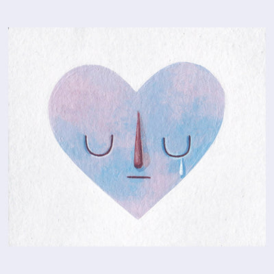 Painting of blue and pink heart shape, with a simple closed eye expression. It sheds a single tear. Background is solid white.