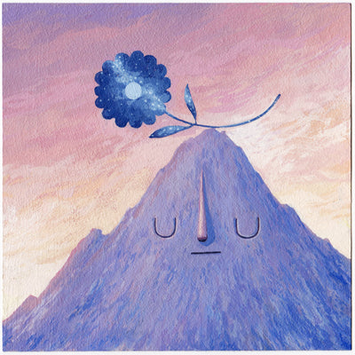 Painting of a large purple mountain against a pink and orange sunset sky. Mountain has a simple closed eye expression and a large blue flower balances atop its point.