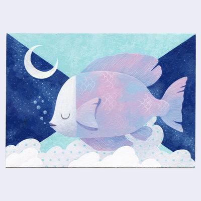 Painting of a pink and purple fish, with closed eyes and blowing bubbles. Background is collage style of blue triangles and crescent moon and clouds.