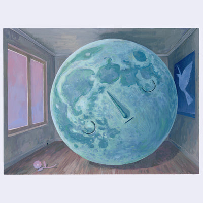 Painting of a large blue planet in a small room, taking up most of the space. A poster with a bird is hung in the room and a window without blinds.