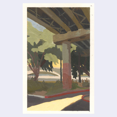 Plein air painting of a parking lot under a bridge or freeway, with a large support beam and trees and grass lining the lot.