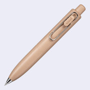 Thick, short coffee brown colored pen with a side clip and a silver pen opening.