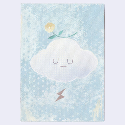 Painting of a white cloud with a simple closed eye expression. A single lightning bolt is below and a small yellow flower balancing atop its head.