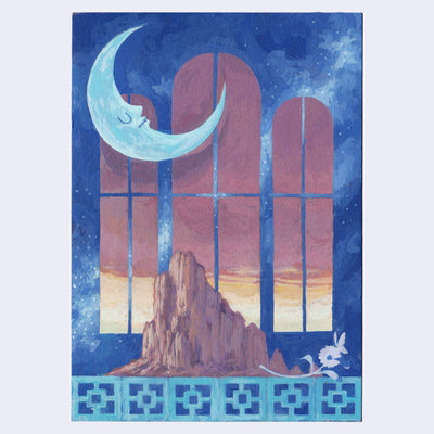 Painting of a rocky bluff resting atop a wall of breeze blocks. Behind, are 3 arched windows showing a clouding pink and yellow sunset. A large crescent moon hangs in the top left.