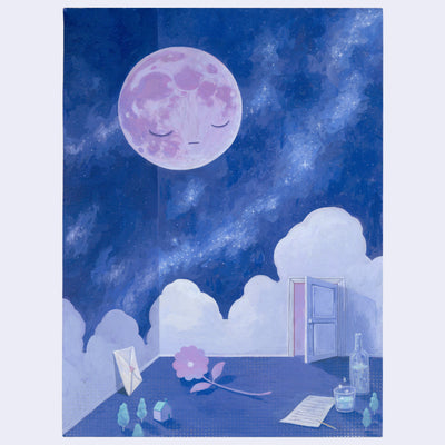 Painting of a purple moon inside a large room with a small open door. On the floor is a flower, a letter, glasses of water and a small house with trees.